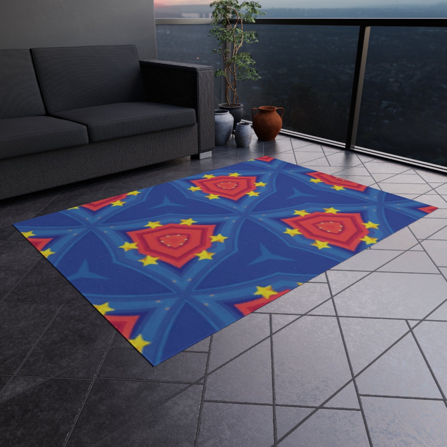 Patriotic Starburst Outdoor Rug — Blue Red Geometric Patio Mat