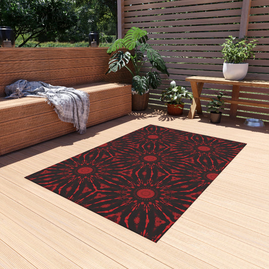 Red Kaleidoscope Outdoor Rug – Durable Patio Mat with Geometric Floral Pattern
