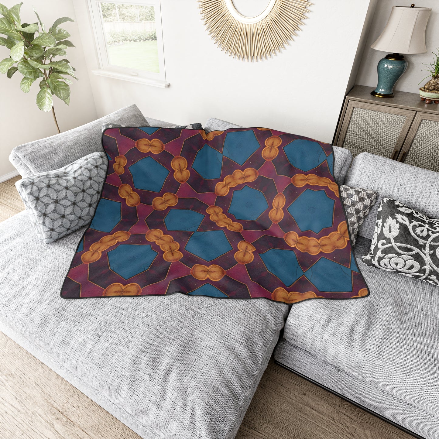 Geometric Kaleidoscope Polyester Blanket — Bold Blue & Gold Pattern Throw
