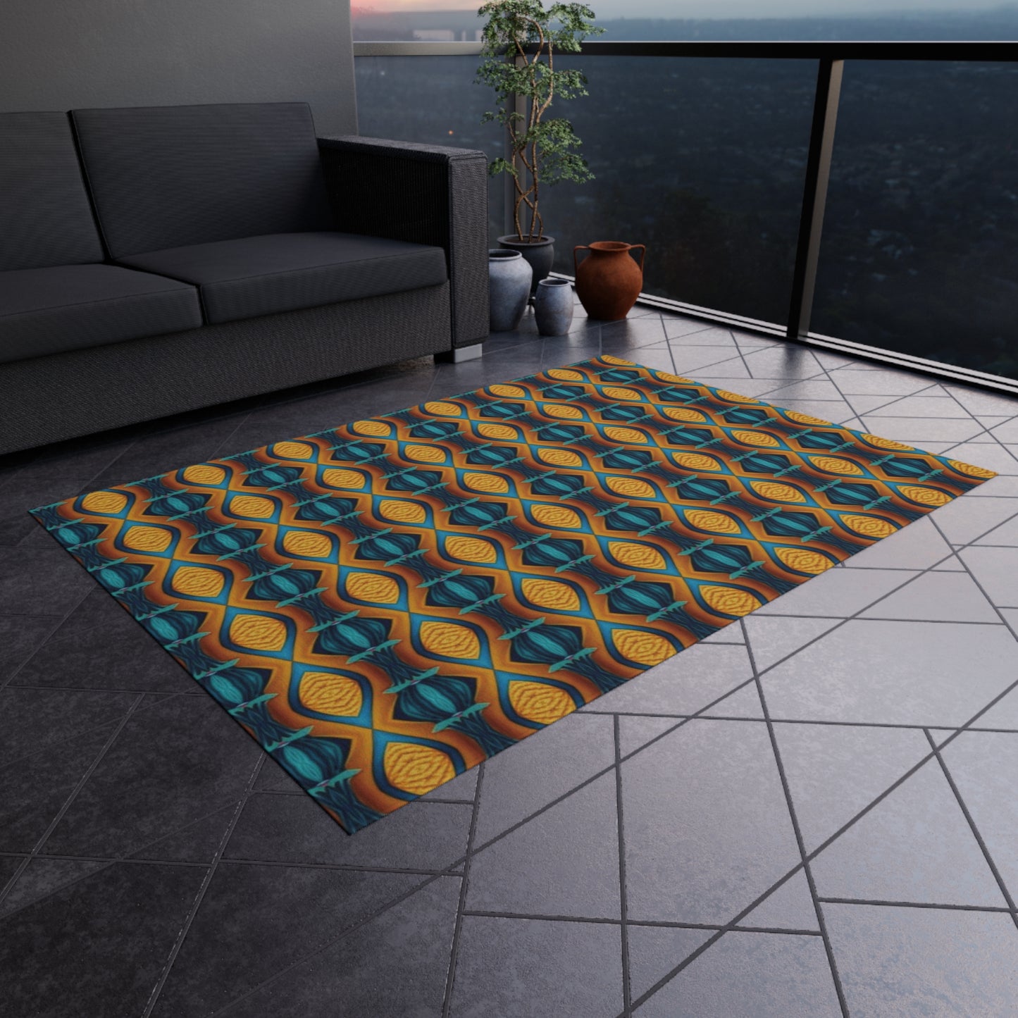 Geometric Teal & Amber Outdoor Rug — Retro Moroccan Pattern Patio Mat