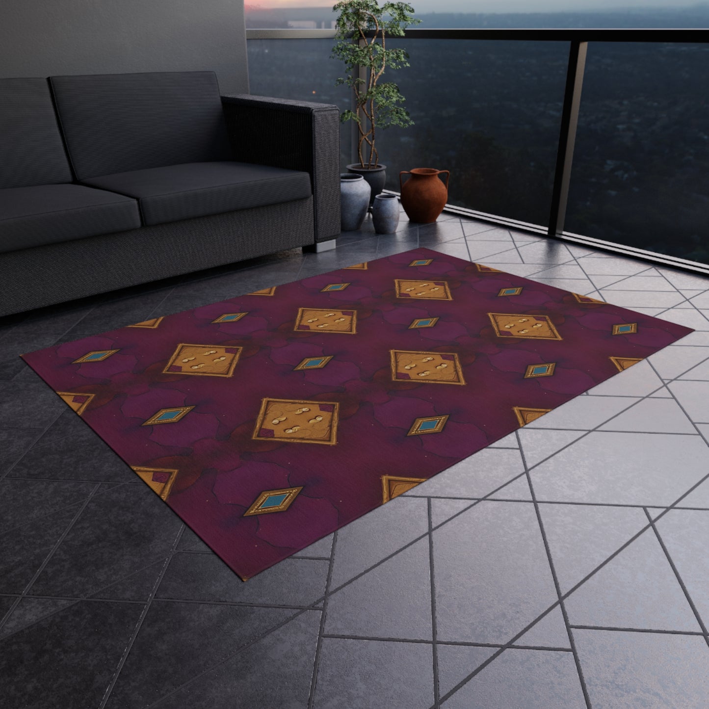 Boho Diamond Outdoor Rug – Purple & Gold Geometric Patio Mat