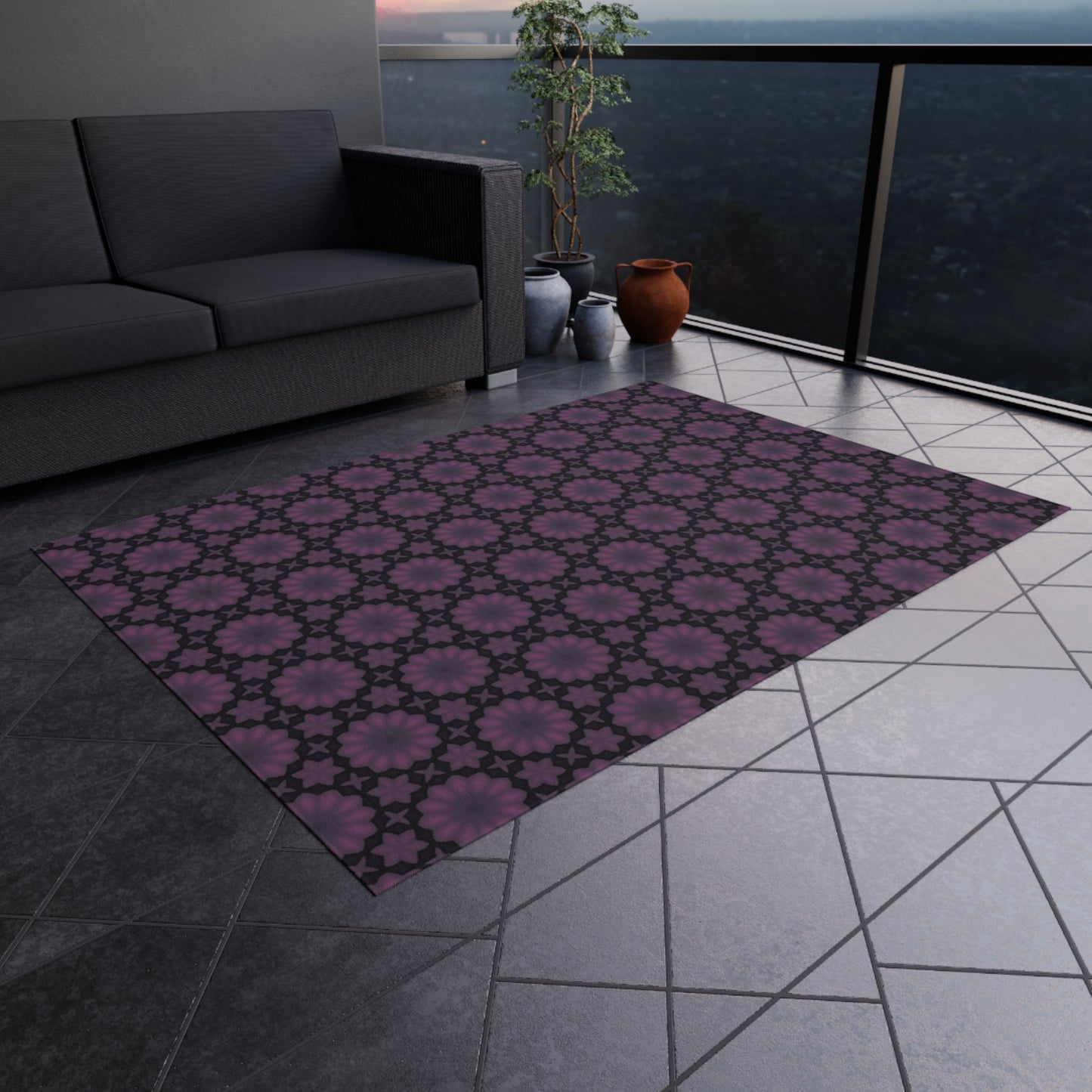 Purple Floral Geometric Outdoor Rug — Weatherproof Patio Mat