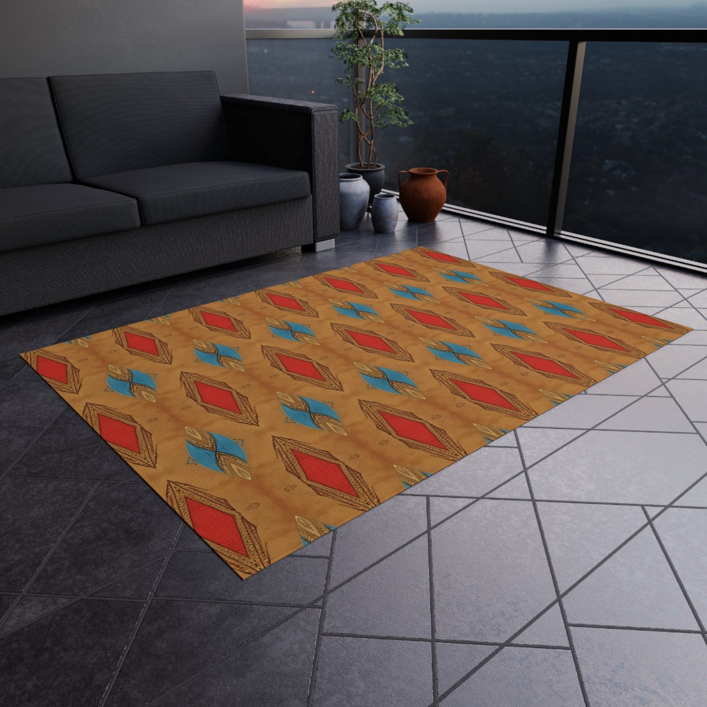 Outdoor Rug — Southwestern Diamond Pattern Patio Mat (Red & Blue Geometric)