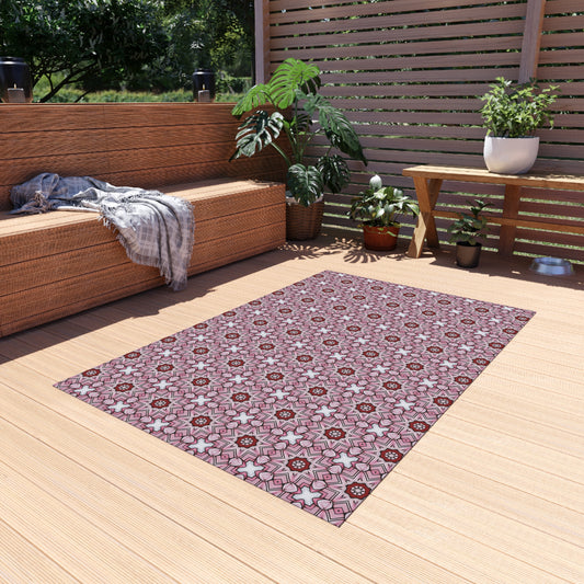 Playful Retro Tile Outdoor Rug — Pink Geometric Patio Mat
