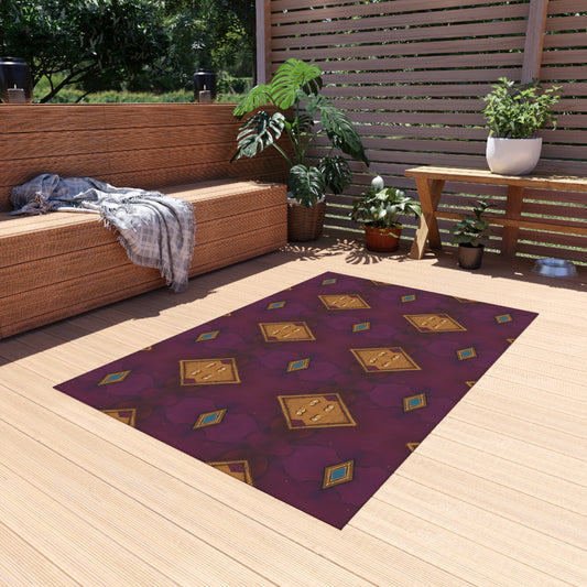 Boho Diamond Outdoor Rug β Purple & Gold Geometric Patio Mat