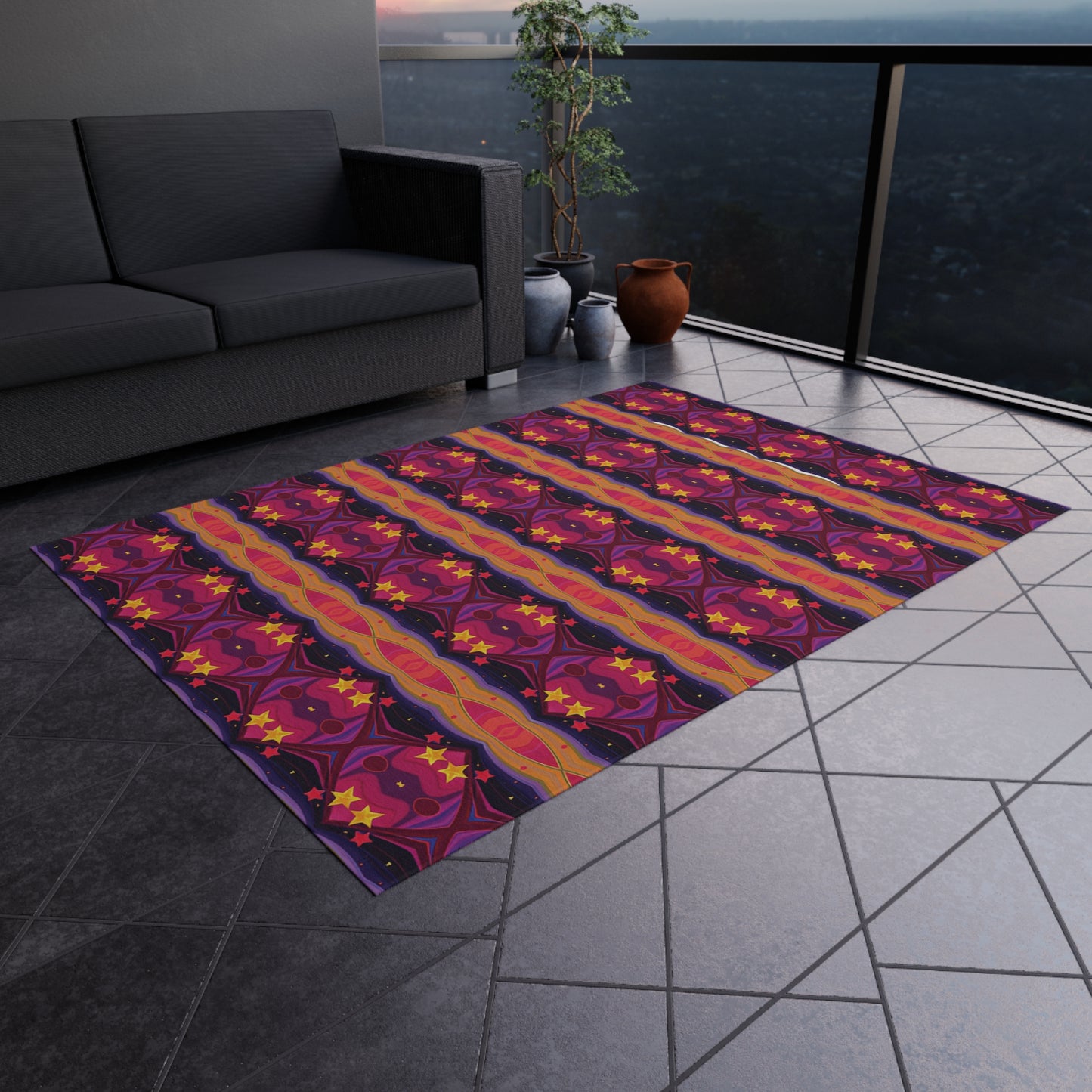 Boho Sunset Stripe Outdoor Rug — Vibrant Purple & Orange Patio Mat