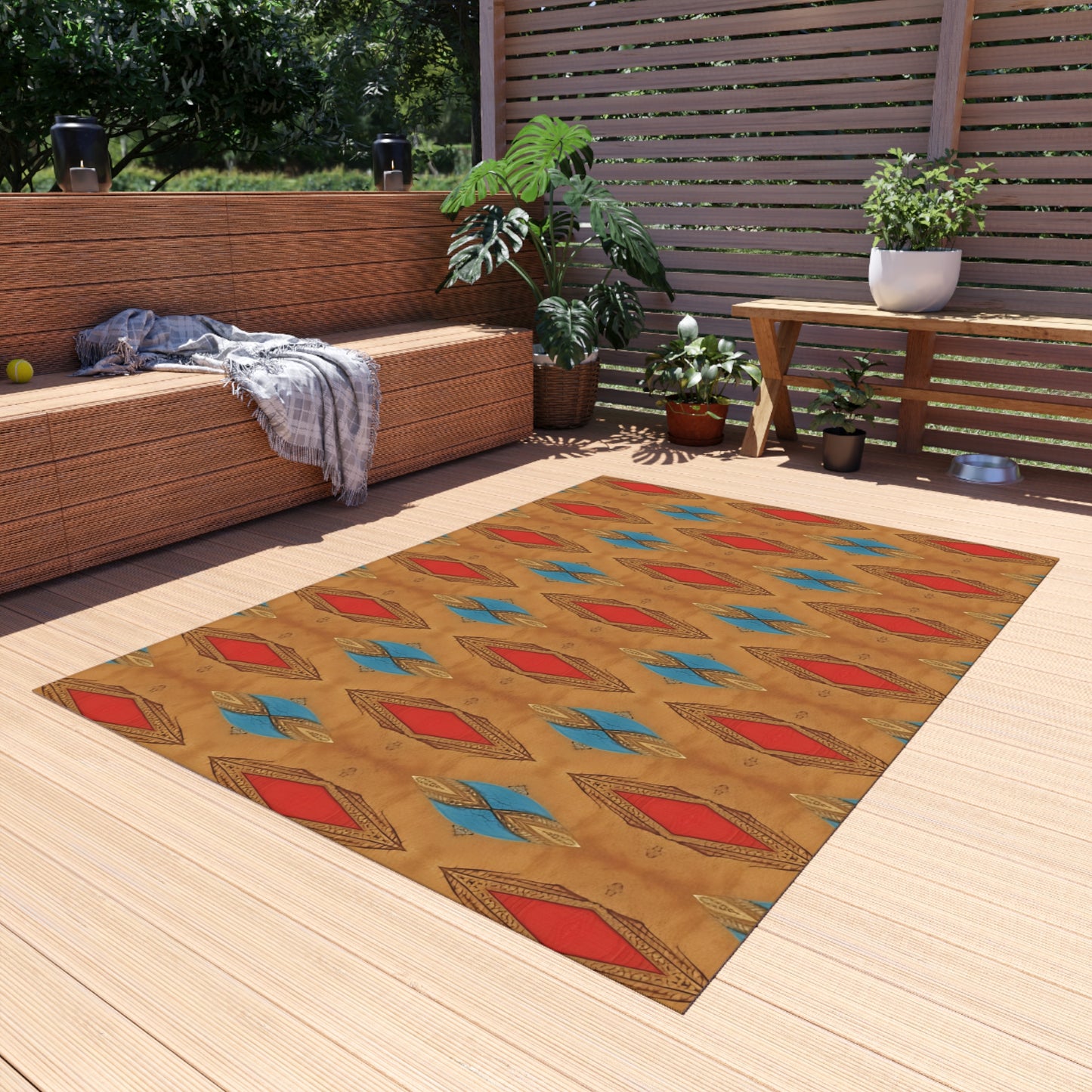 Outdoor Rug — Southwestern Diamond Pattern Patio Mat (Red & Blue Geometric)