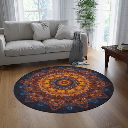 Bohemian Mandala Round Rug – Warm Amber & Navy Kaleidoscope Floor Decor