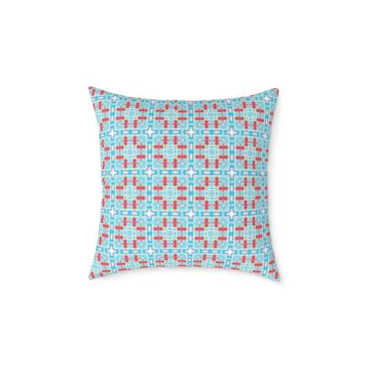 Aqua & Coral Patterned Square Cushion