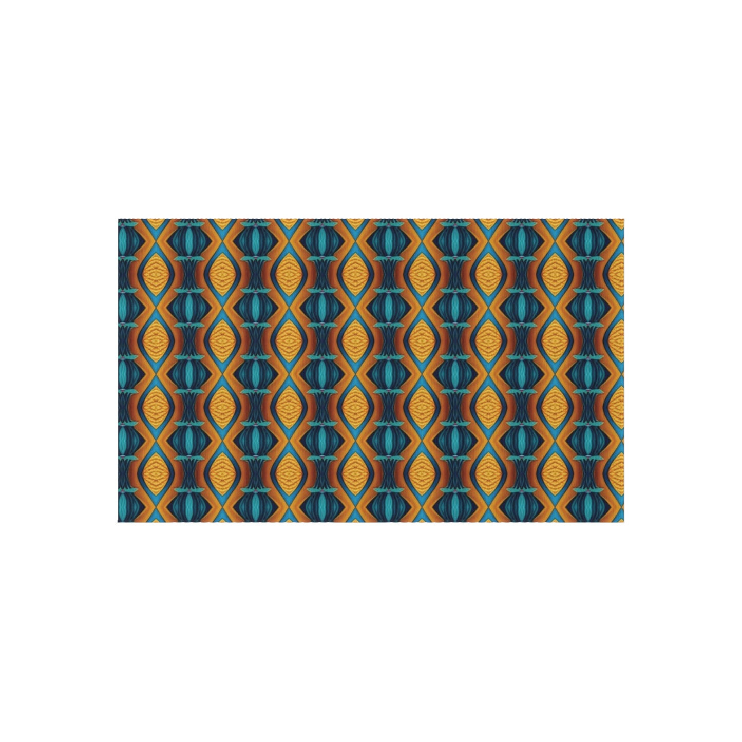Geometric Teal & Amber Outdoor Rug — Retro Moroccan Pattern Patio Mat