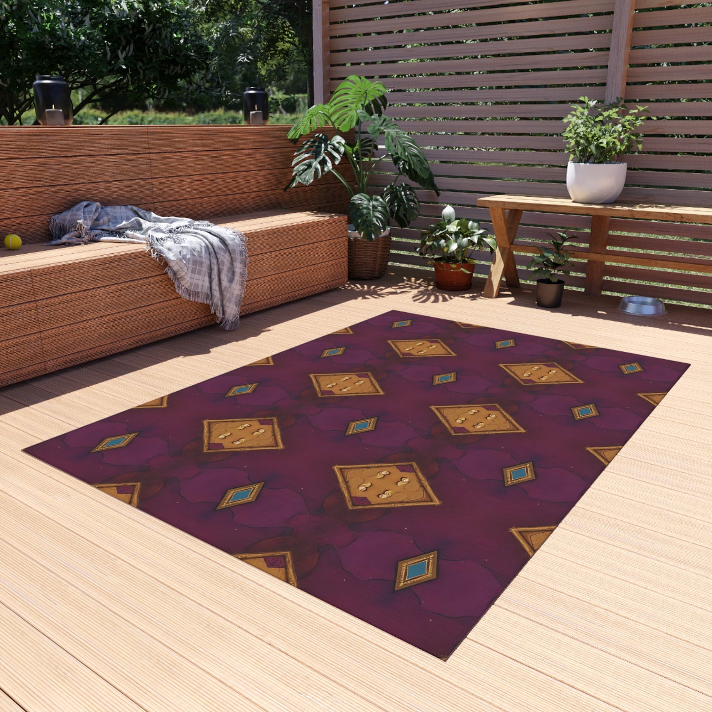 Boho Diamond Outdoor Rug – Purple & Gold Geometric Patio Mat