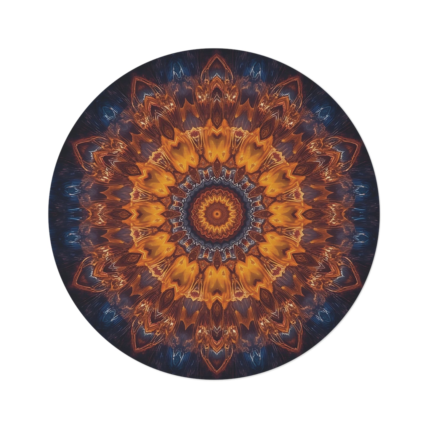 Bohemian Mandala Round Rug – Warm Amber & Navy Kaleidoscope Floor Decor