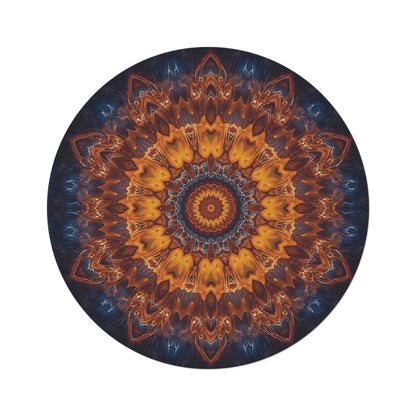 Bohemian Mandala Round Rug – Warm Amber & Navy Kaleidoscope Floor Decor