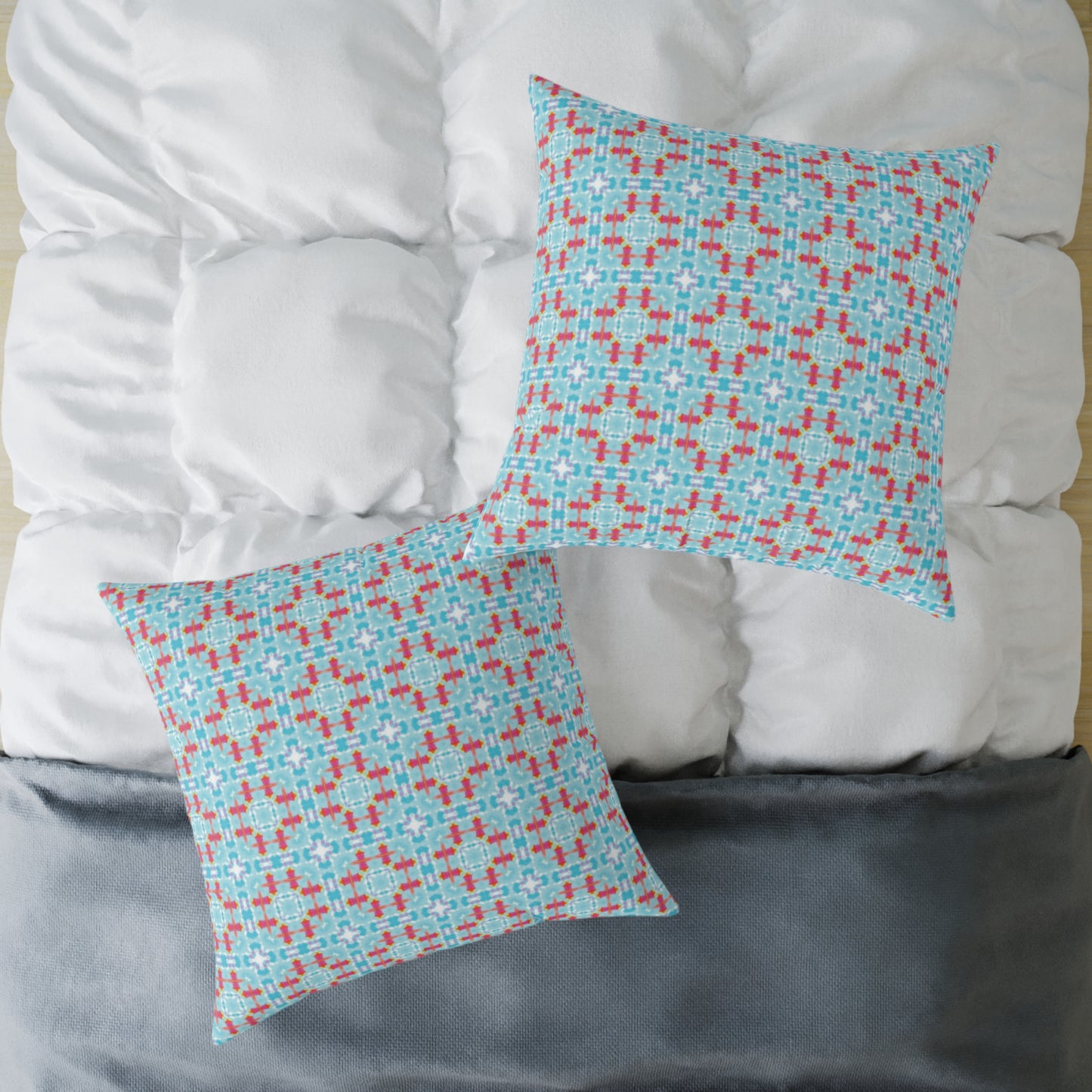Aqua & Coral Patterned Square Cushion