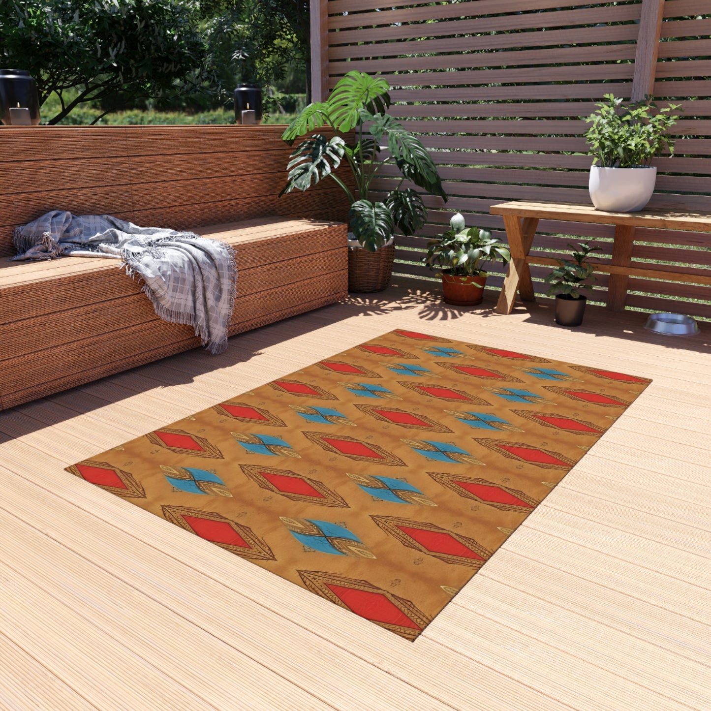 Outdoor Rug — Southwestern Diamond Pattern Patio Mat (Red & Blue Geometric)