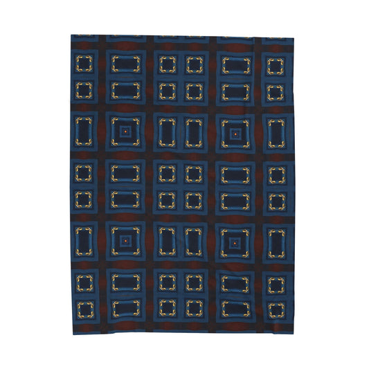 Velveteen Plush Blanket - Retro Geometric Navy Blue Square Pattern, Cozy Throw for Living Room & Gift