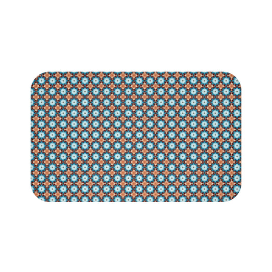 Retro Blue Tile Bath Mat — Geometric Moroccan Pattern