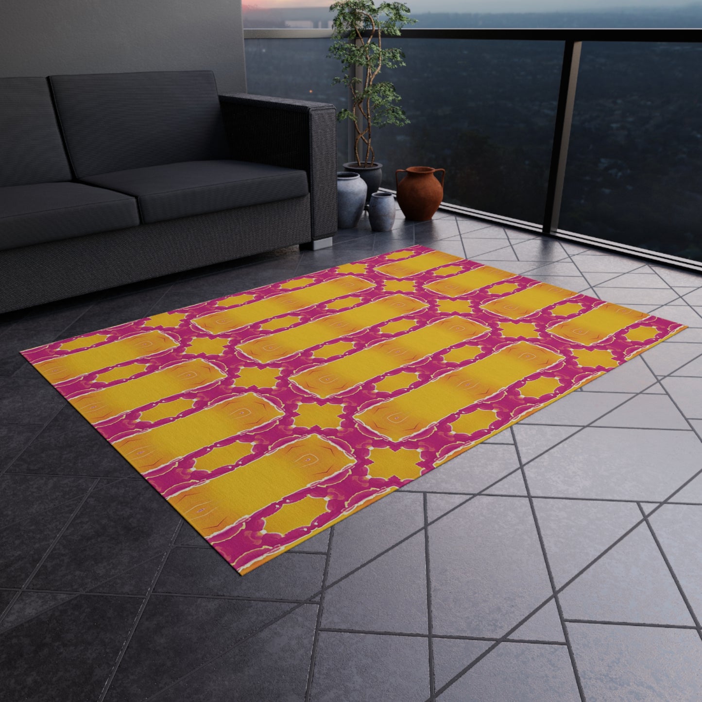 Bold Geometric Outdoor Rug — Sunshine Yellow & Magenta Patio Mat