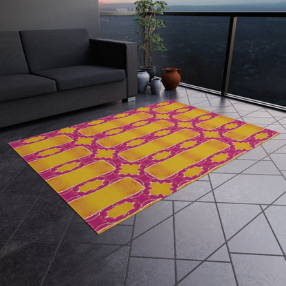 Bold Geometric Outdoor Rug — Sunshine Yellow & Magenta Patio Mat