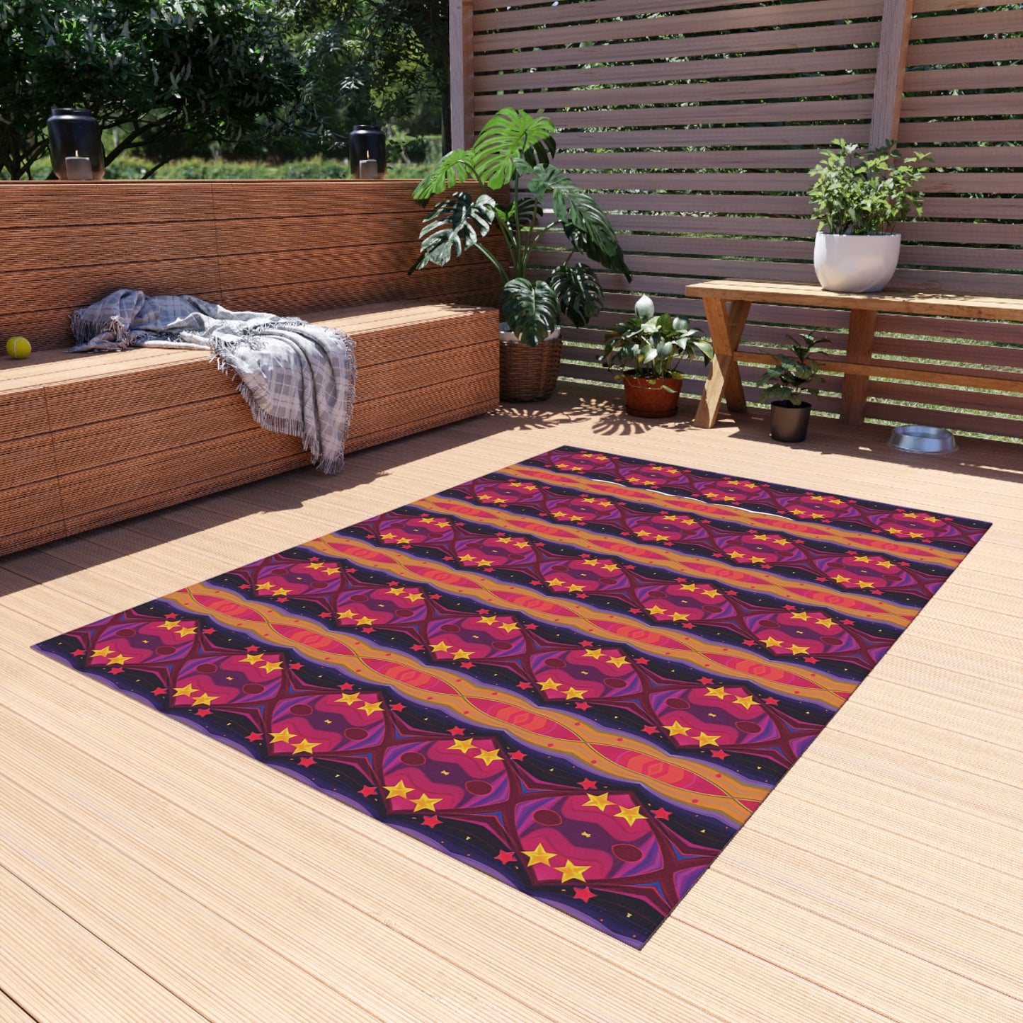 Boho Sunset Stripe Outdoor Rug — Vibrant Purple & Orange Patio Mat
