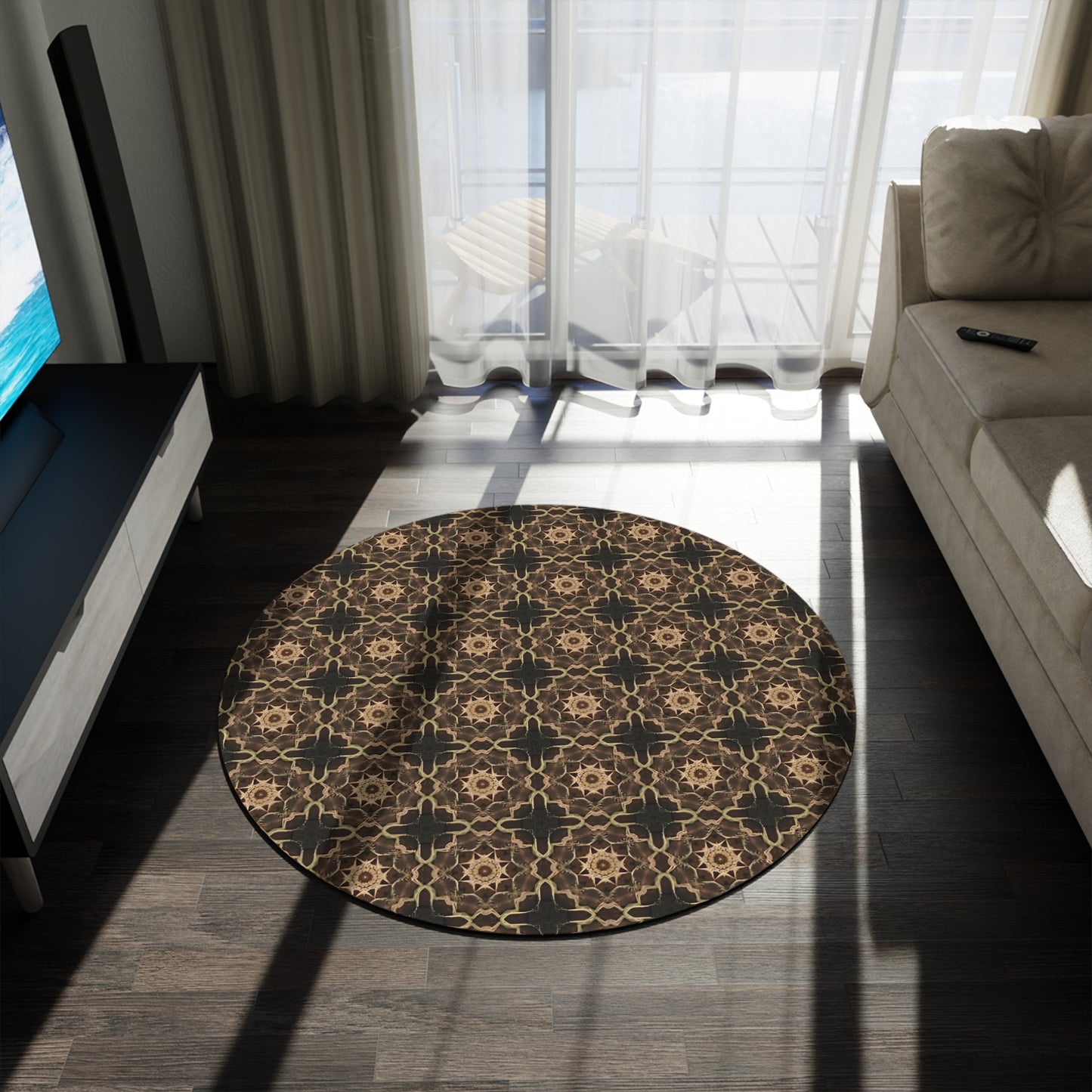 Bohemian Brown Mosaic Round Rug — Vintage Moroccan Pattern Accent Mat
