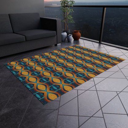 Geometric Teal & Amber Outdoor Rug — Retro Moroccan Pattern Patio Mat