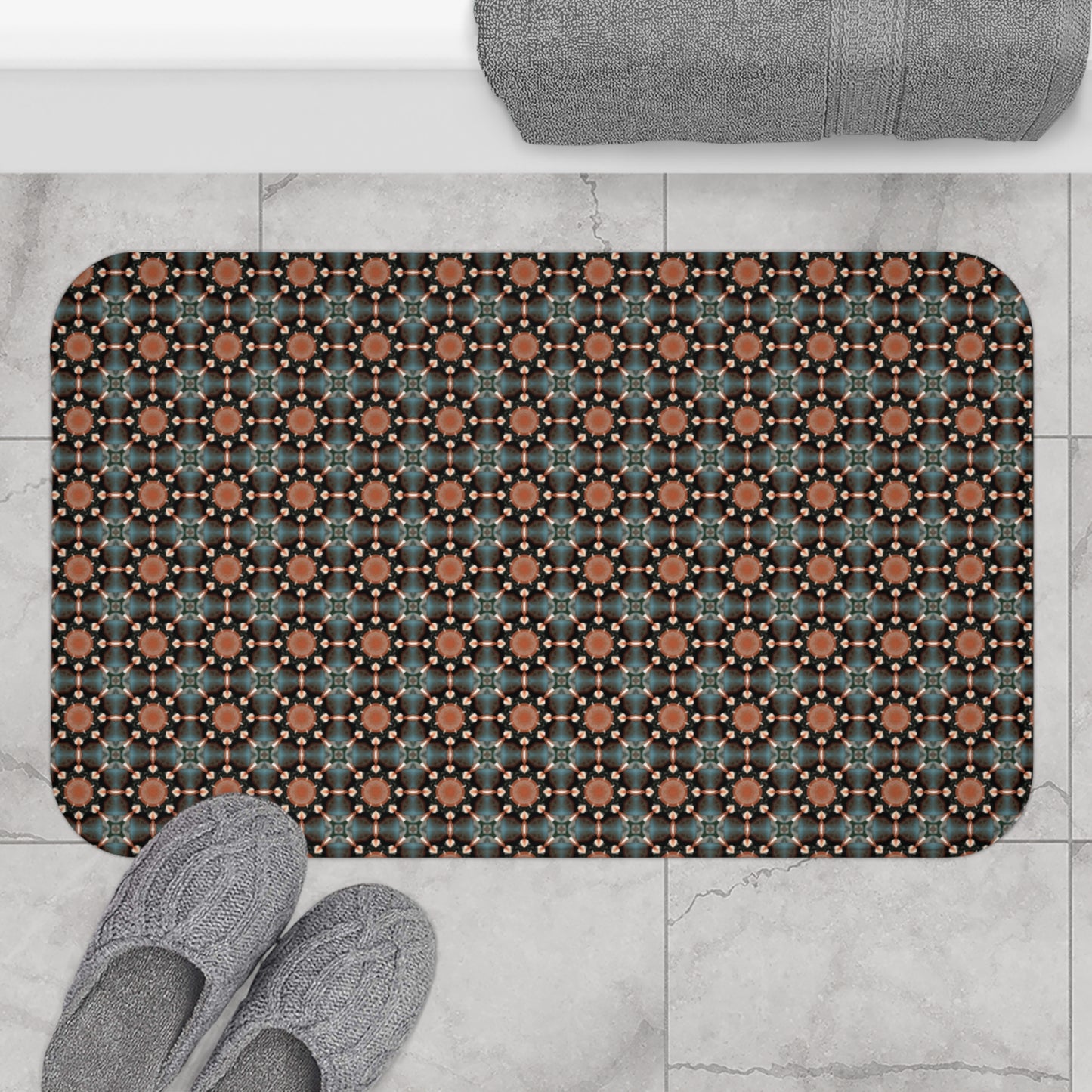 Geometric Boho Bath Mat — Teal & Terracotta Mosaic Pattern