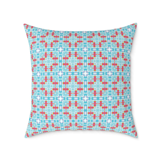 Aqua & Coral Patterned Square Cushion