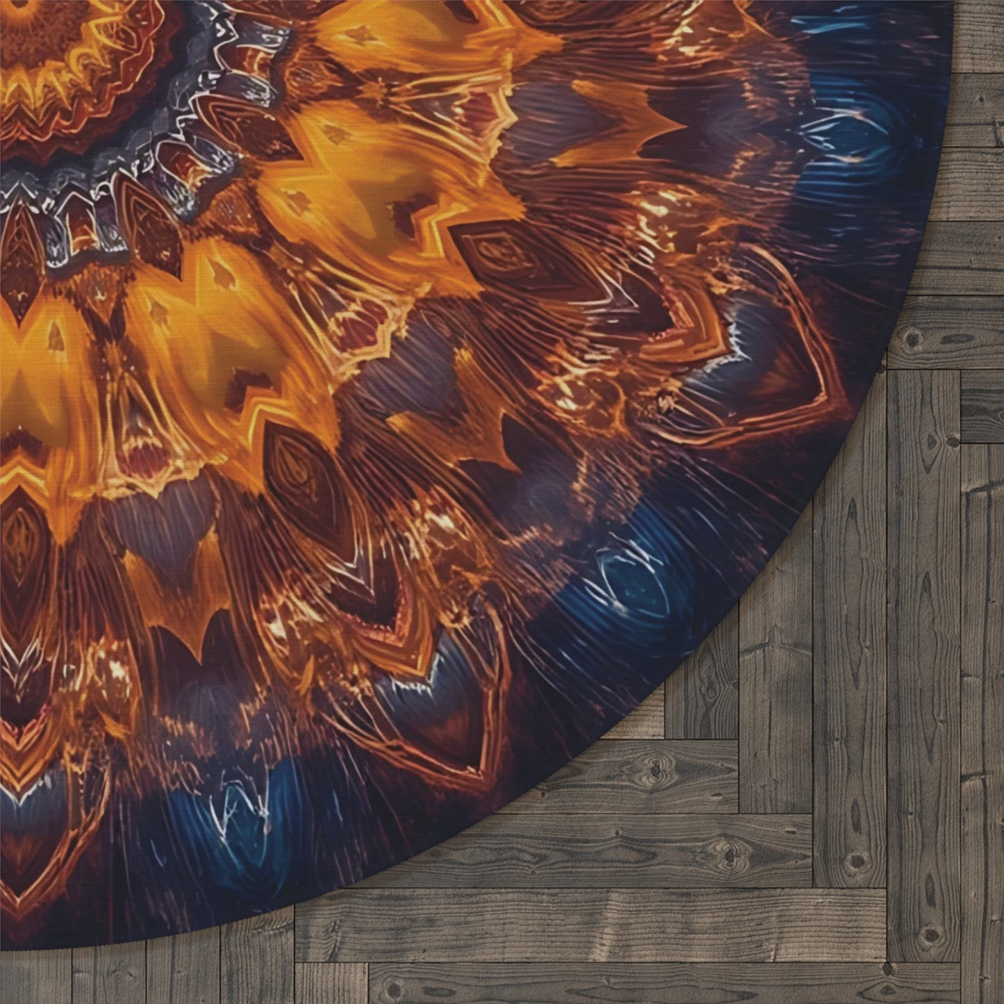 Bohemian Mandala Round Rug – Warm Amber & Navy Kaleidoscope Floor Decor