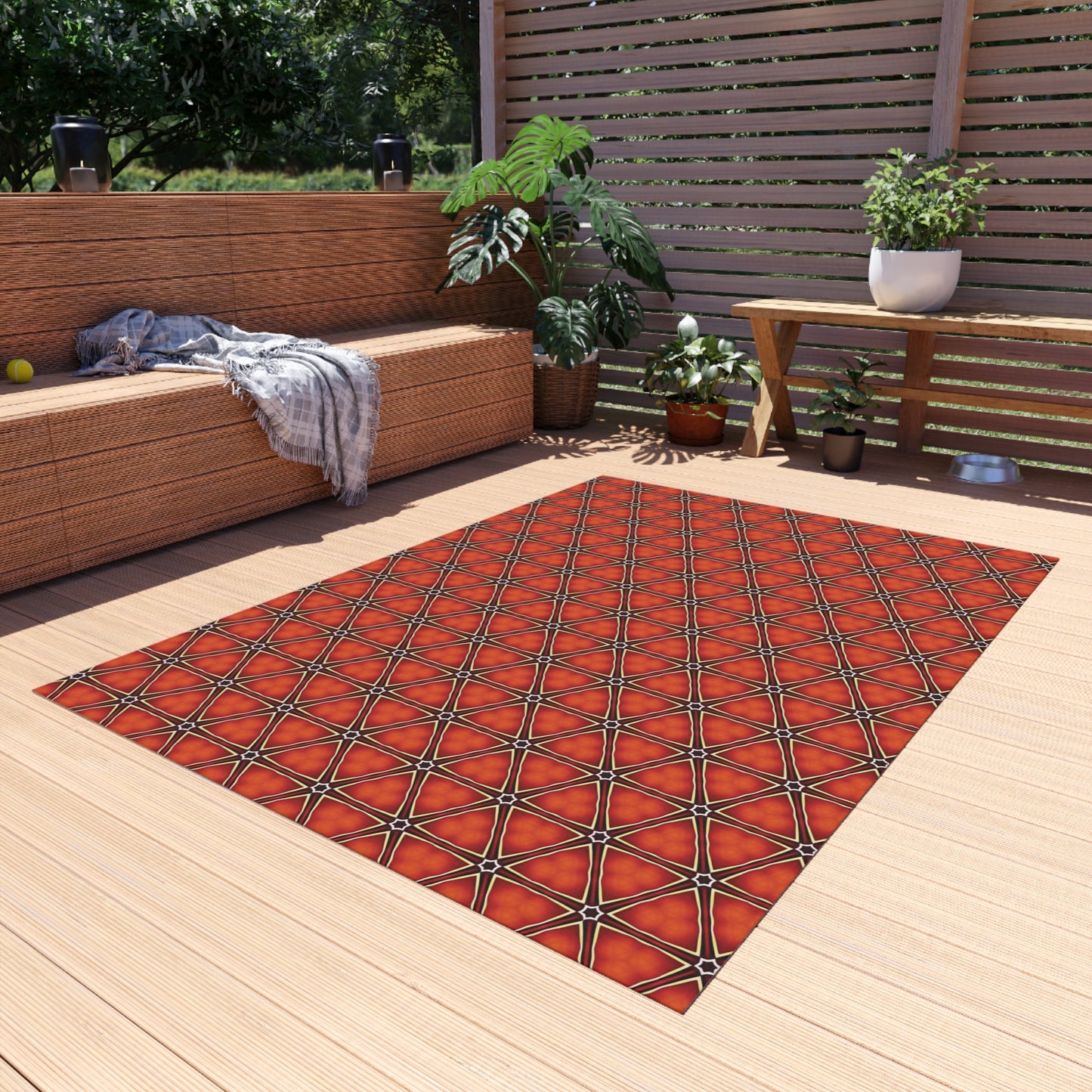 Outdoor Rug - Geometric Red Tile Pattern & Solid Gray Reversible Patio Rug