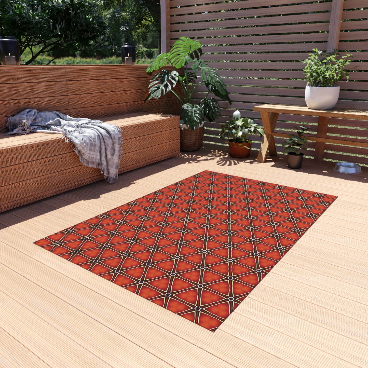 Outdoor Rug - Geometric Red Tile Pattern & Solid Gray Reversible Patio Rug