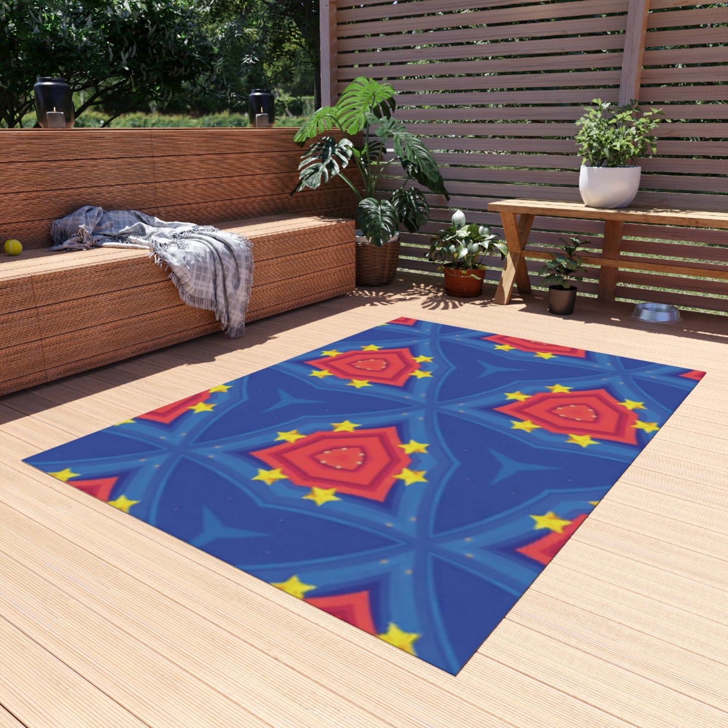 Patriotic Starburst Outdoor Rug — Blue Red Geometric Patio Mat