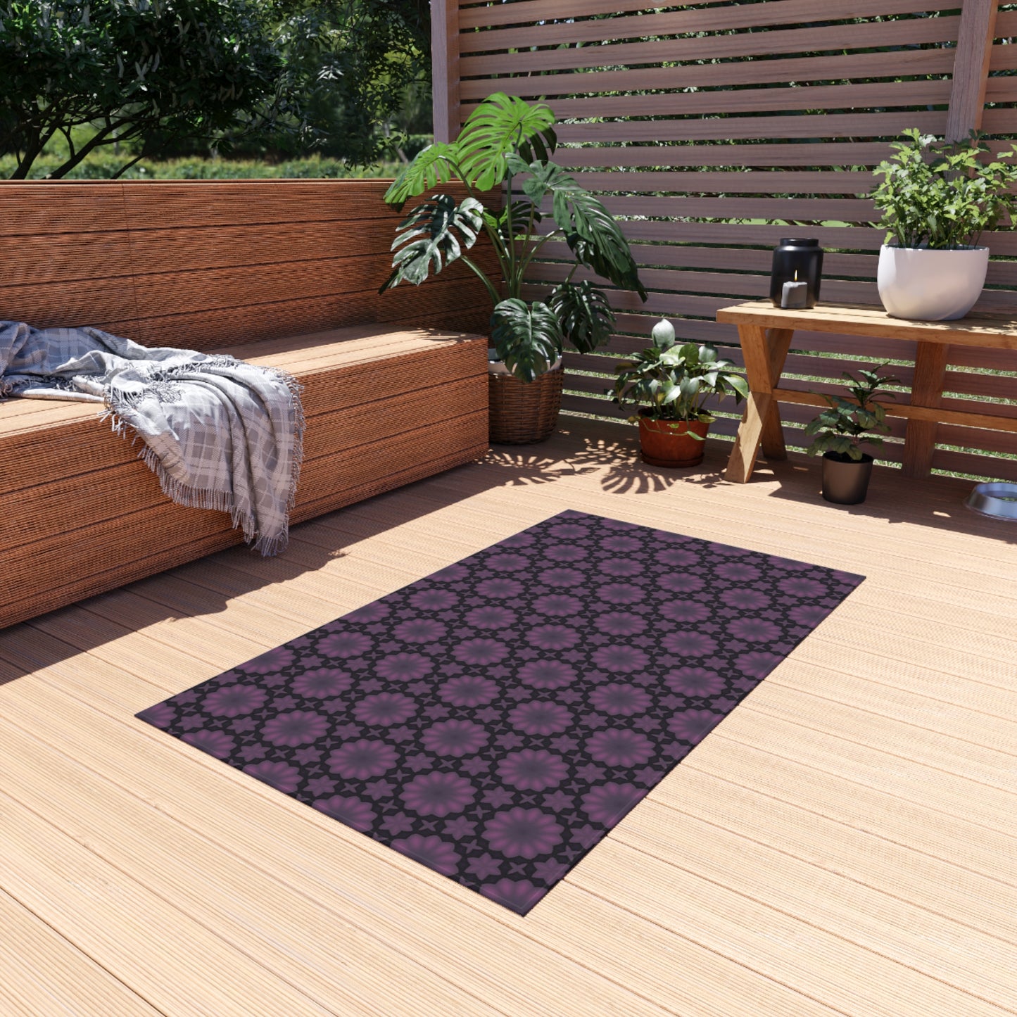 Purple Floral Geometric Outdoor Rug — Weatherproof Patio Mat