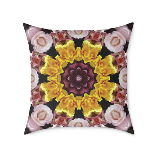 Kaleidoscope Floral Square Pillow – Bright Yellow & Pink Decorative Throw Cushion