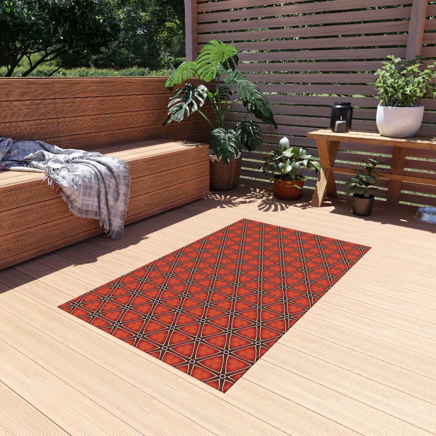 Outdoor Rug - Geometric Red Tile Pattern & Solid Gray Reversible Patio Rug