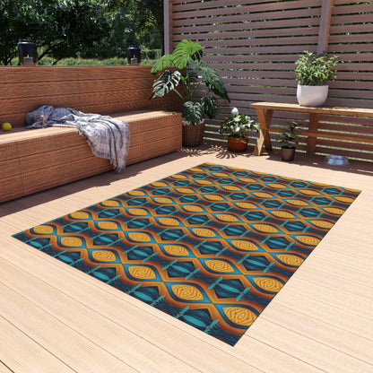 Geometric Teal & Amber Outdoor Rug — Retro Moroccan Pattern Patio Mat