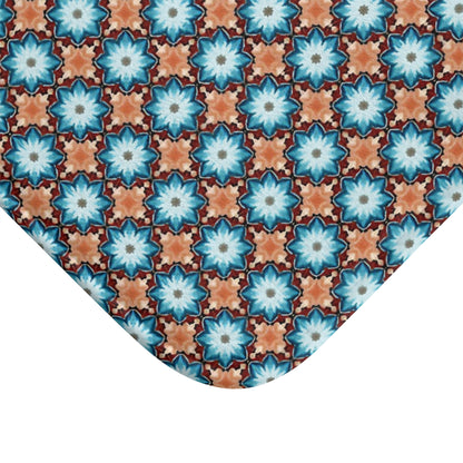 Retro Blue Tile Bath Mat — Geometric Moroccan Pattern
