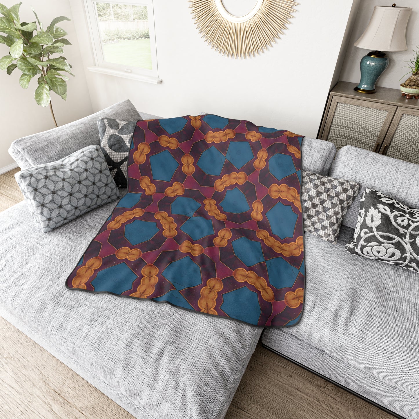 Geometric Kaleidoscope Polyester Blanket — Bold Blue & Gold Pattern Throw