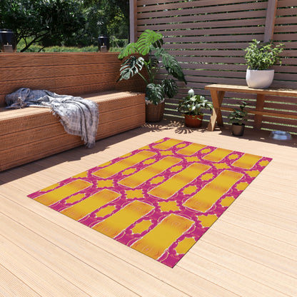 Bold Geometric Outdoor Rug — Sunshine Yellow & Magenta Patio Mat