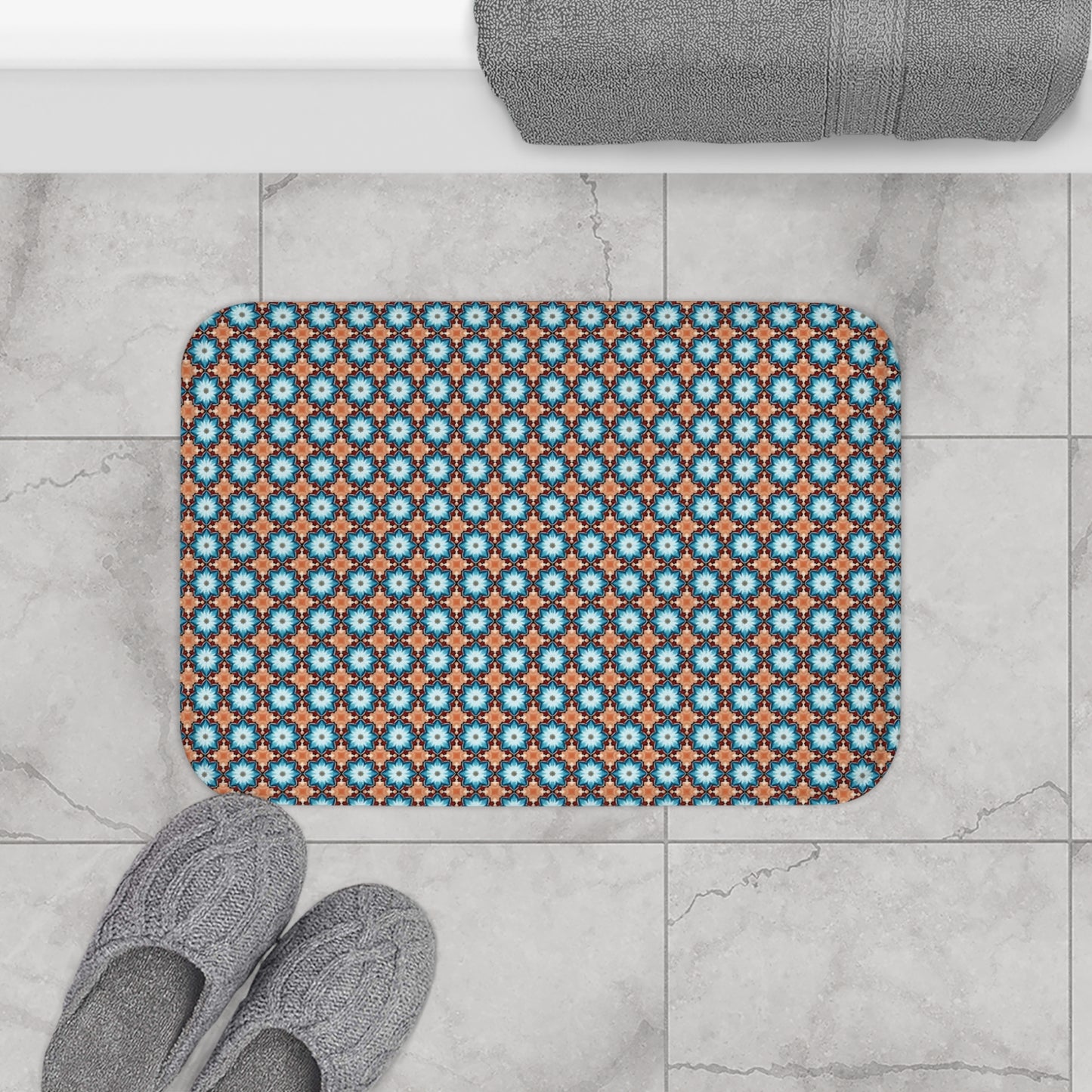 Retro Blue Tile Bath Mat — Geometric Moroccan Pattern