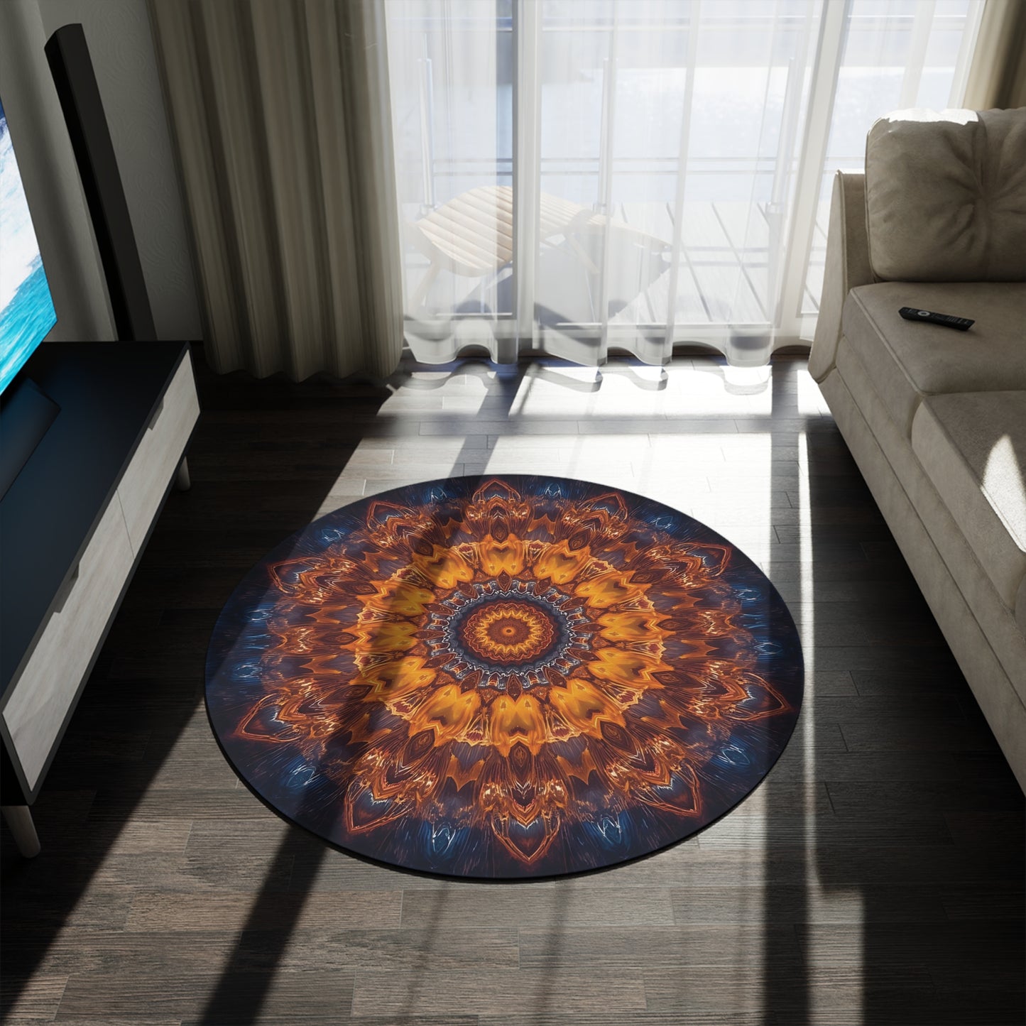 Bohemian Mandala Round Rug – Warm Amber & Navy Kaleidoscope Floor Decor