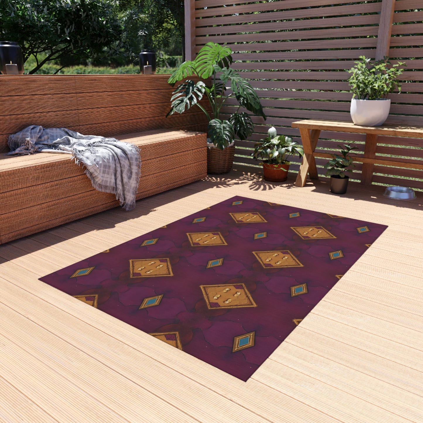 Boho Diamond Outdoor Rug – Purple & Gold Geometric Patio Mat