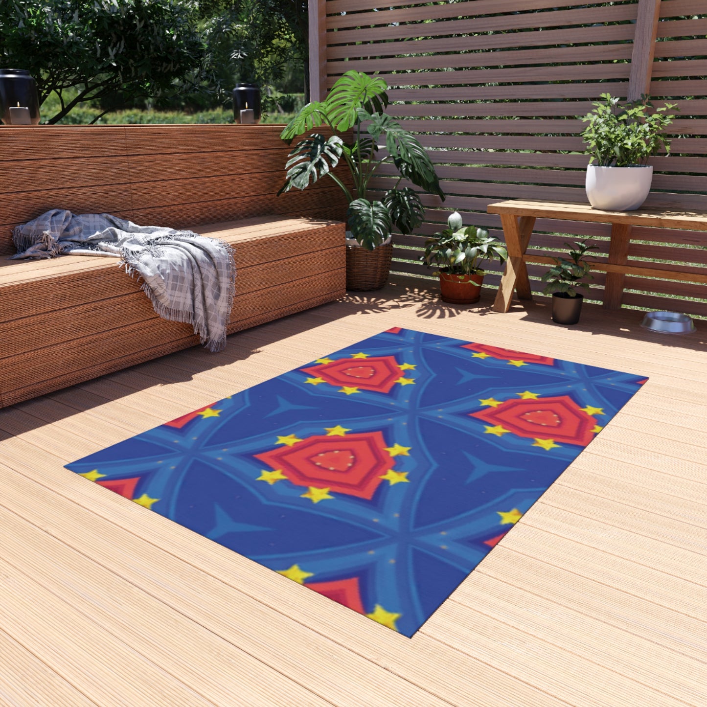 Patriotic Starburst Outdoor Rug — Blue Red Geometric Patio Mat