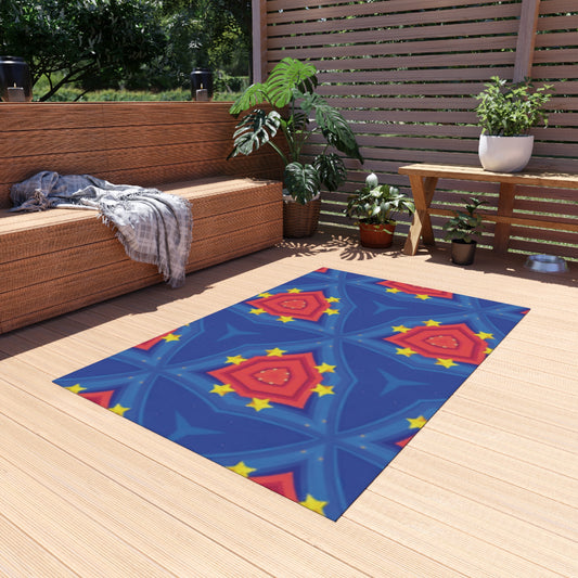 Patriotic Starburst Outdoor Rug — Blue Red Geometric Patio Mat