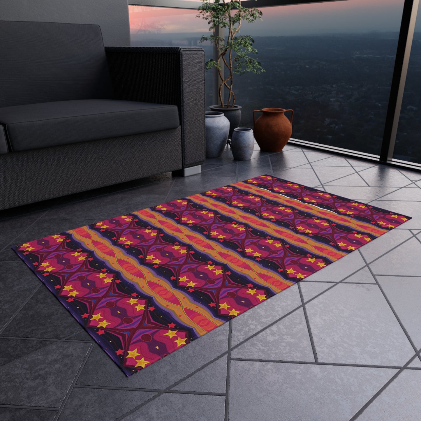 Boho Sunset Stripe Outdoor Rug — Vibrant Purple & Orange Patio Mat