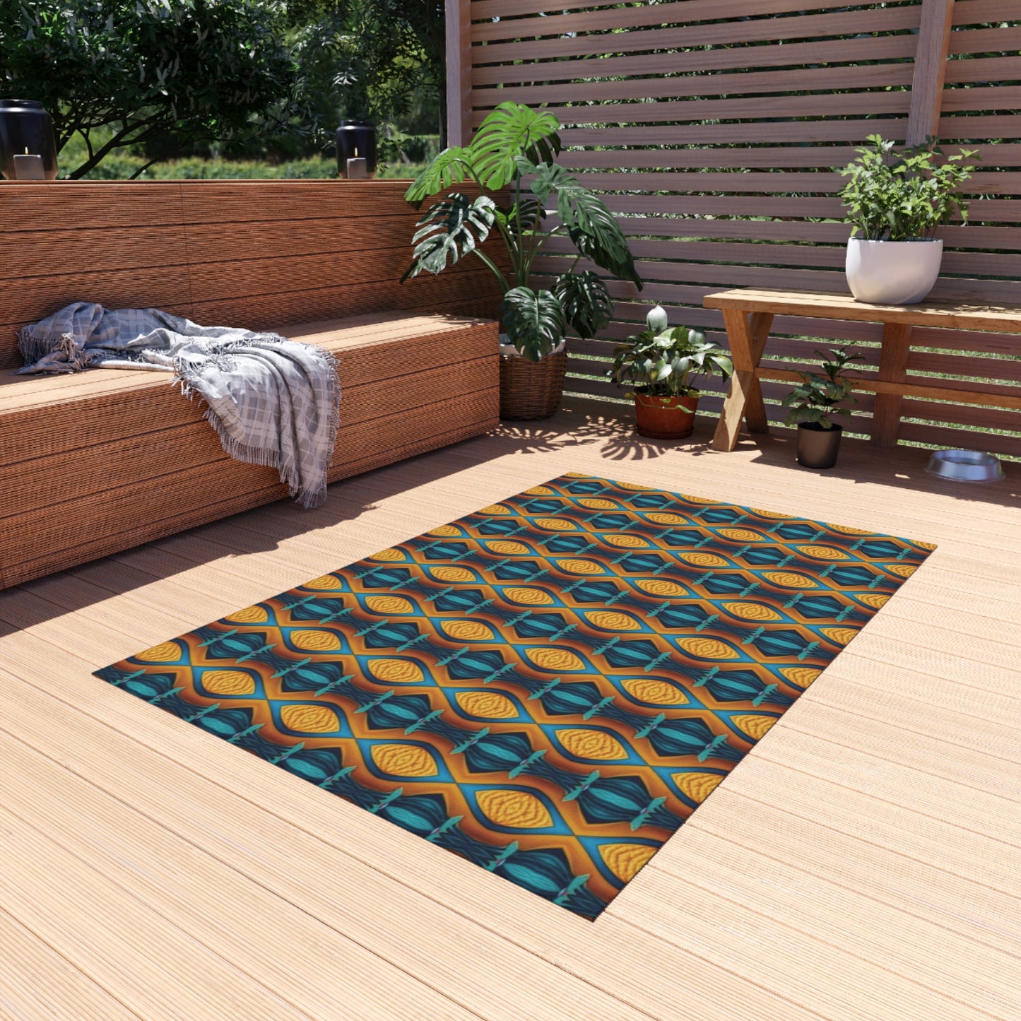 Geometric Teal & Amber Outdoor Rug — Retro Moroccan Pattern Patio Mat