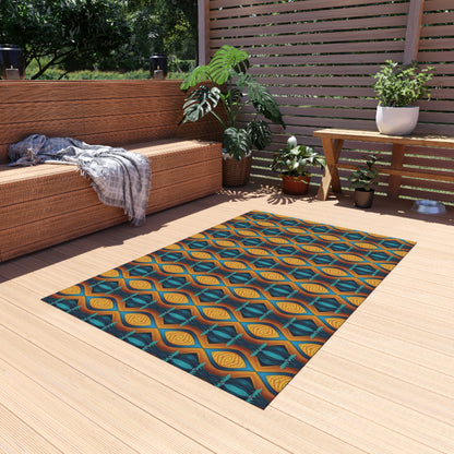 Geometric Teal & Amber Outdoor Rug — Retro Moroccan Pattern Patio Mat