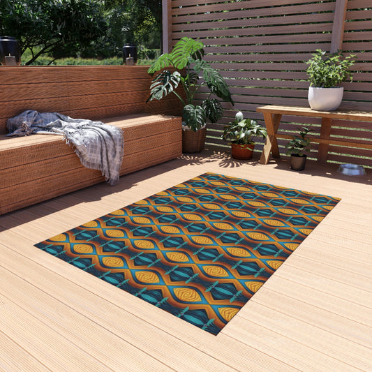 Geometric Teal & Amber Outdoor Rug — Retro Moroccan Pattern Patio Mat