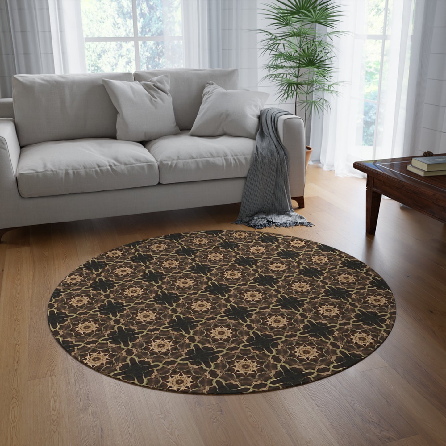 Bohemian Brown Mosaic Round Rug — Vintage Moroccan Pattern Accent Mat