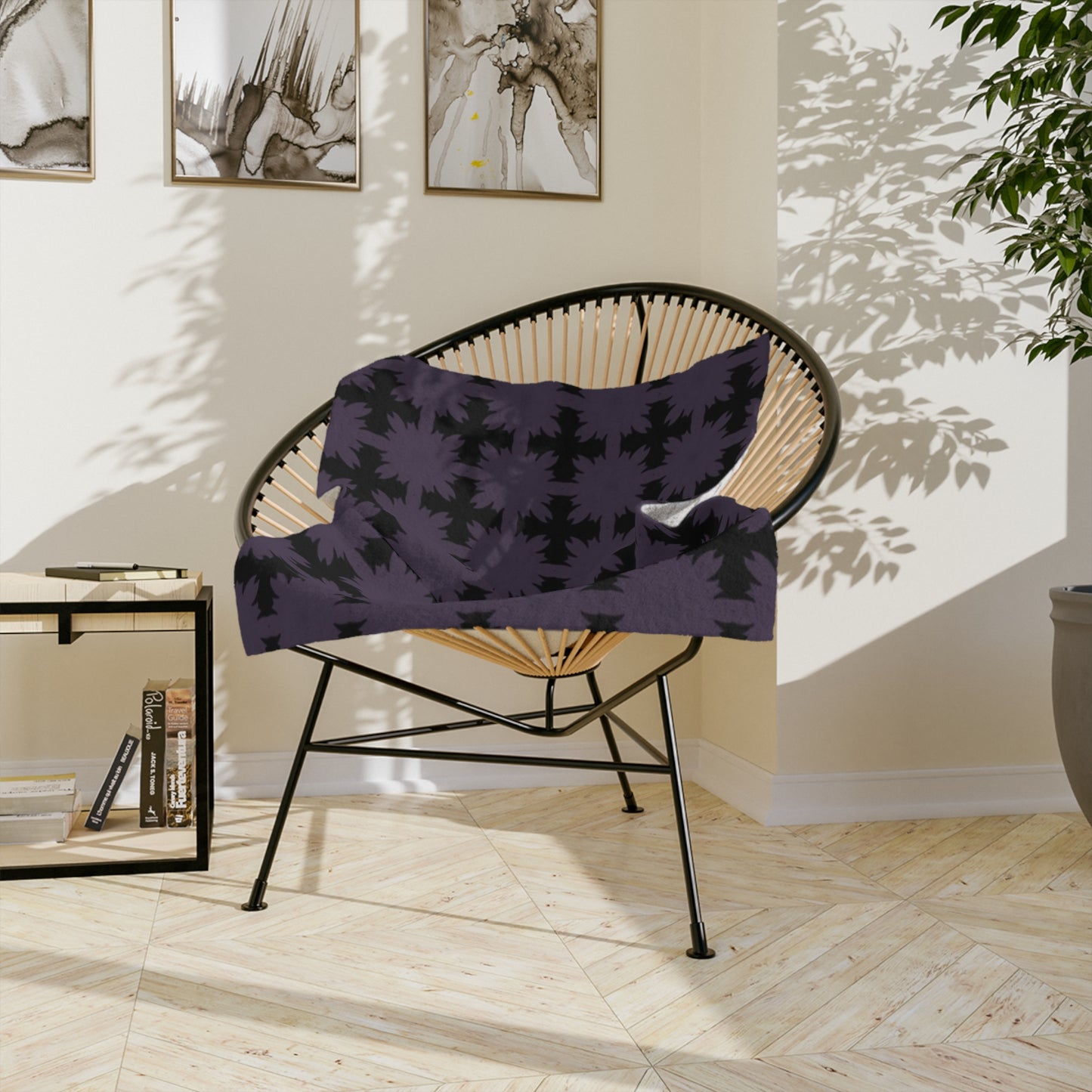 Velveteen Microfiber Blanket — Black & Purple Geometric Star Plaid Throw